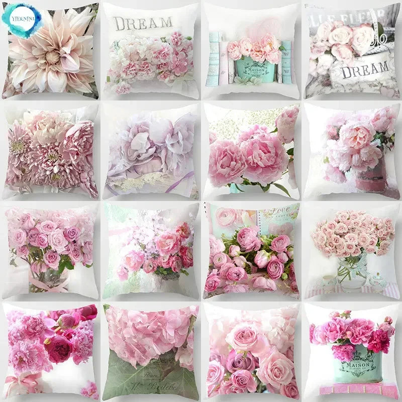 Axyaa Pink Flower Pattern Decorative Cushion Cover for Sofa Pillows - Polyester Material