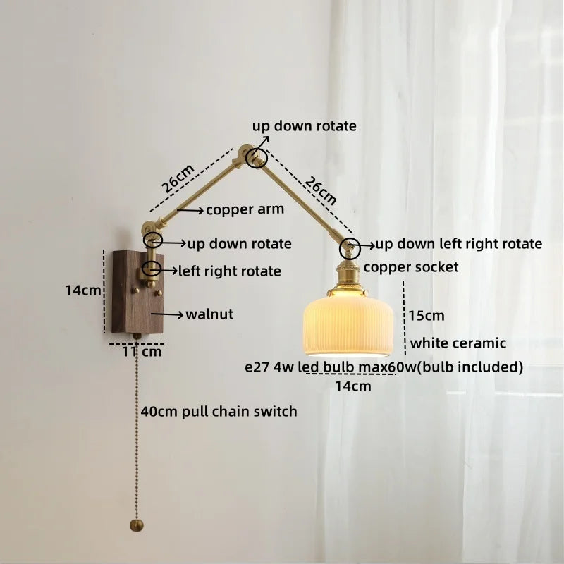 Axyaa Ceramic Copper Swing Arm LED Wall Light for Home Decor