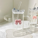 Axyaa 350ML Square Mug with Lids, Straws, Bow Handle - Pink Female Milk Coffee Cup