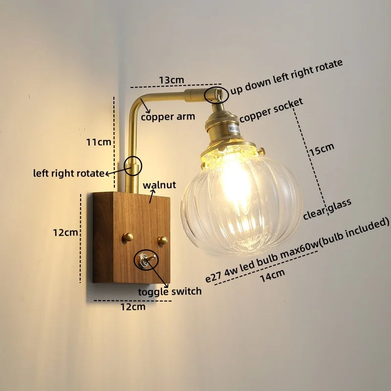 Axyaa Glass Copper LED Wall Lights Modern Bedside Lamp for Home Decor