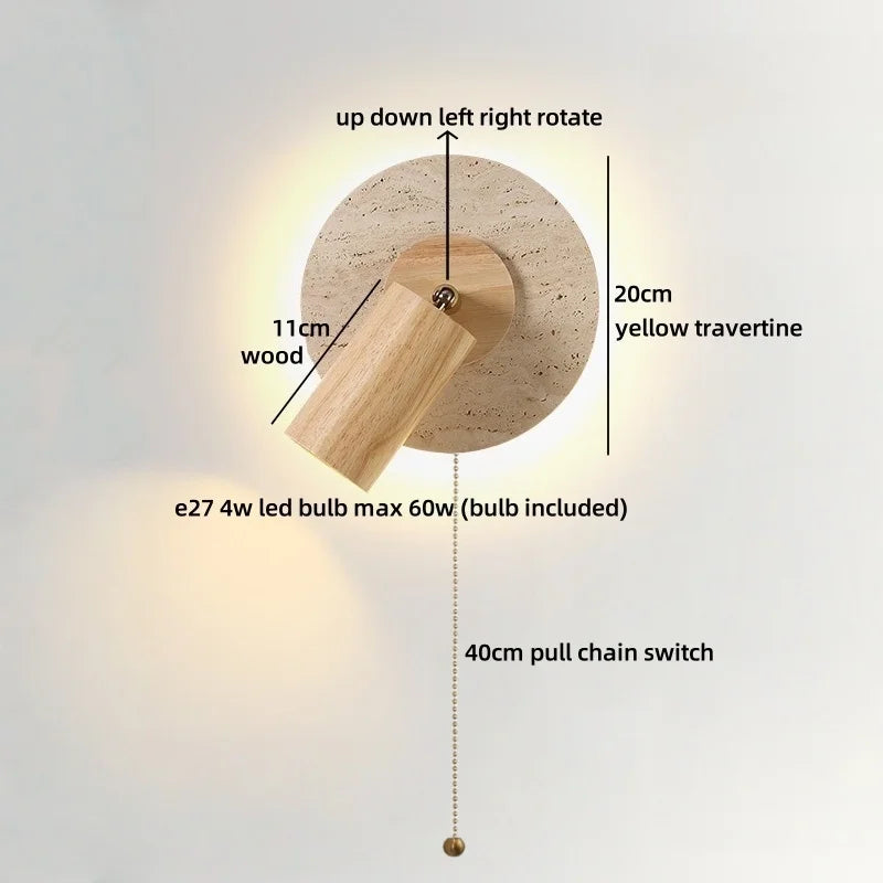 Axyaa Wabi Sabi LED Wall Lamp Yellow Travertine Wood Lampshade, Bathroom Mirror Light
