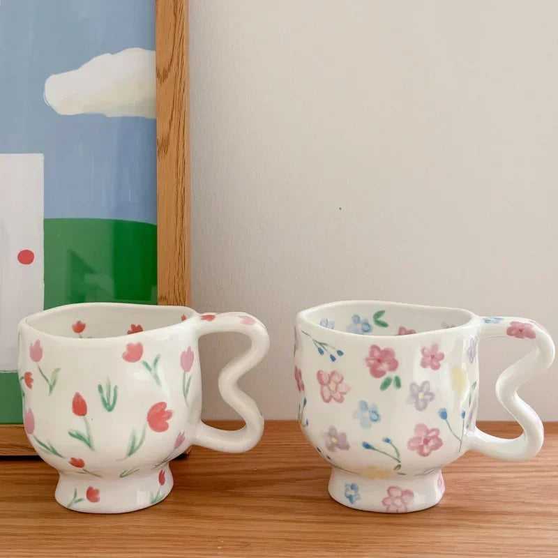 Hand-Painted Tulip Flower Pattern Ceramic Mug by Axyaa - High-Footed Cup