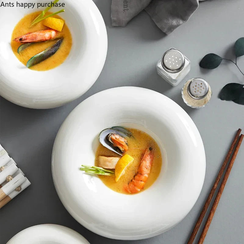Axya White Ceramic Dinner Plate Set Restaurant Tableware Bowl Snack Dessert Fruit Plate