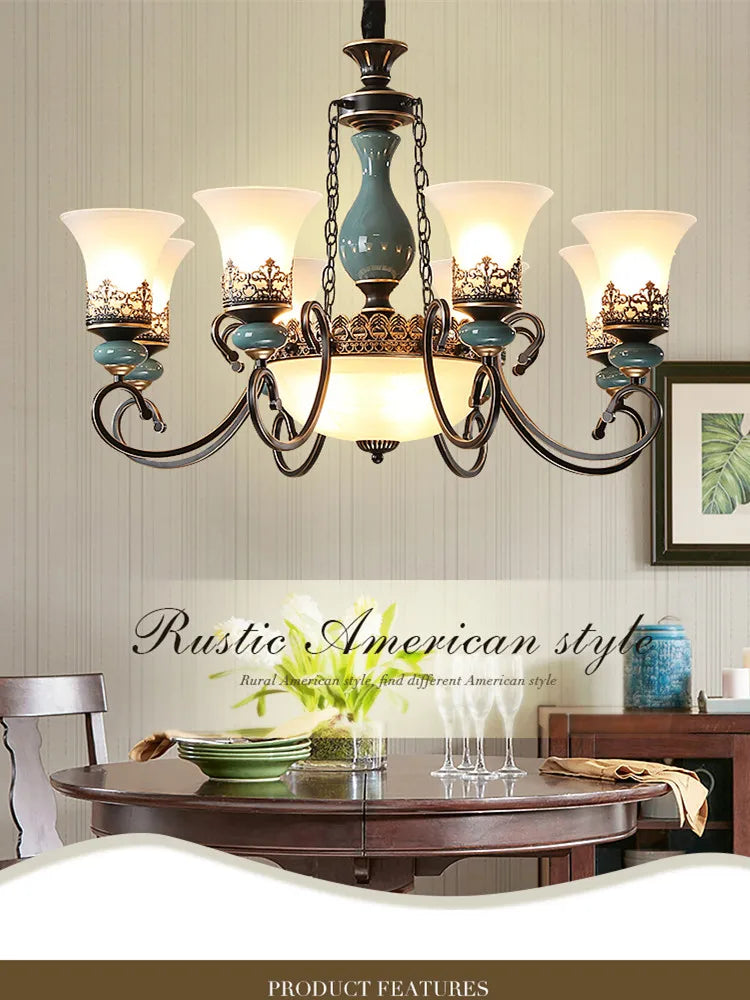 Axyaa Retro Ceramic Chandelier with Glass Lampshade for Home Décor