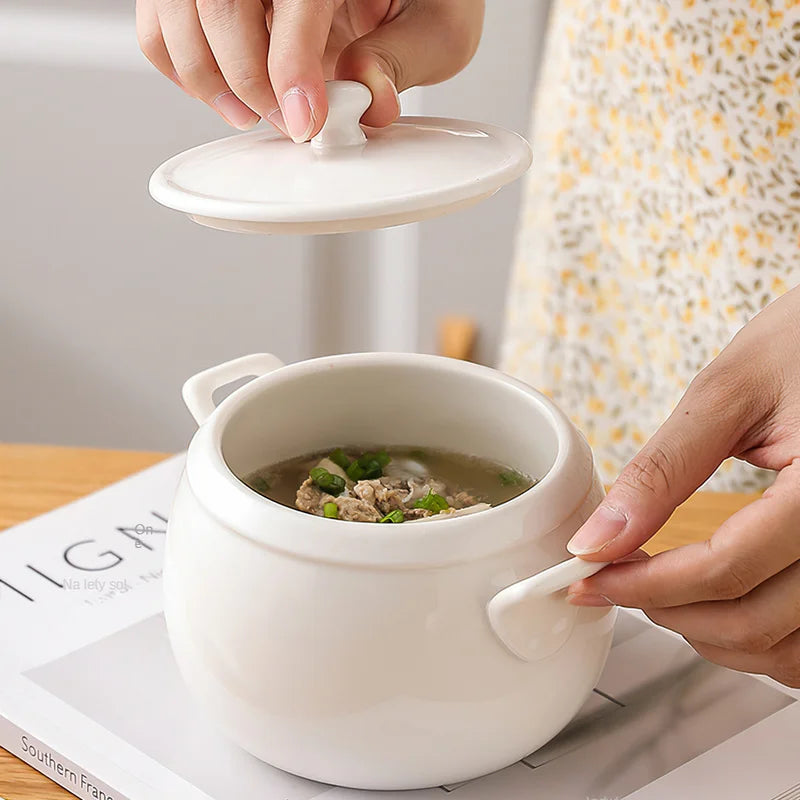 Axya Pure White Gold Edge Stew Bowl with Lid - Korean Design Soup & Dessert Cup