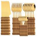 Axyaa 24Pcs Stainless Steel Bamboo Handle Cutlery Set Dinnerware Flatware