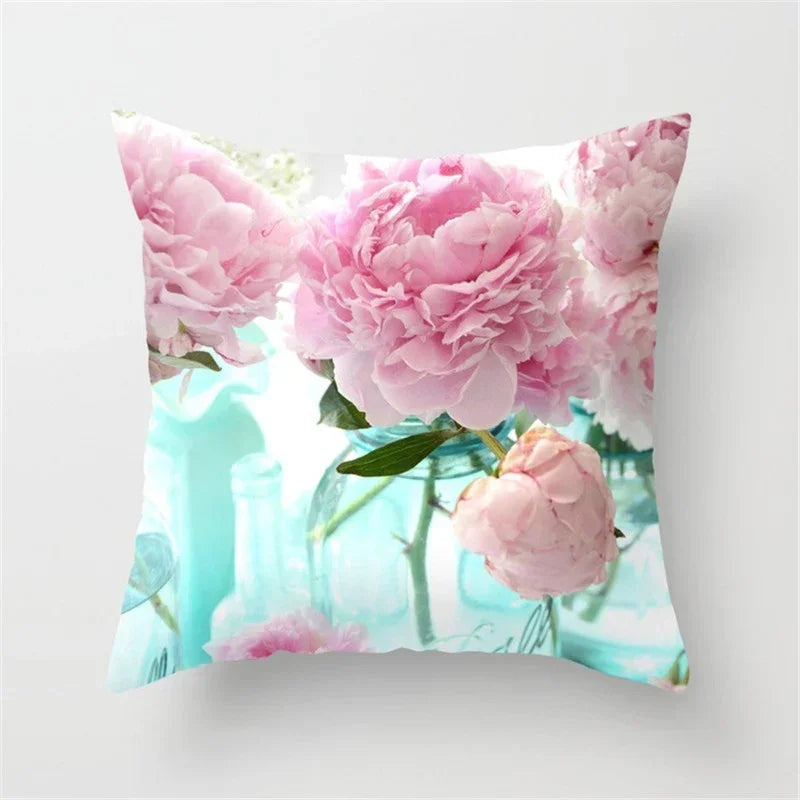 Axyaa Pink Flower Pattern Decorative Cushion Cover for Sofa Pillows - Polyester Material