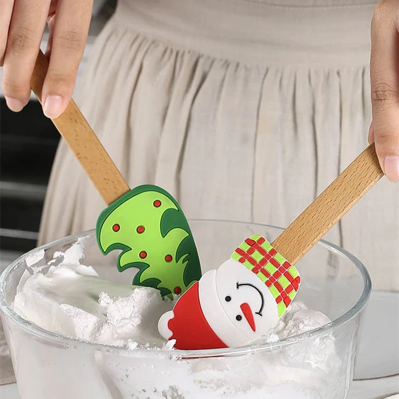 Axyaa Christmas Silicone Spatula with Wooden Handle for Baking