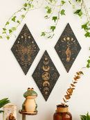Axyaa Black Moon Phase Rhomboid Wooden Wall Decor - Boho Witch Aesthetic Wall Art