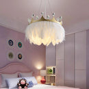 Axyaa White Feather Pendant Light with Gold Crown & Crystal Decor for Girl's Room, E27 Socket