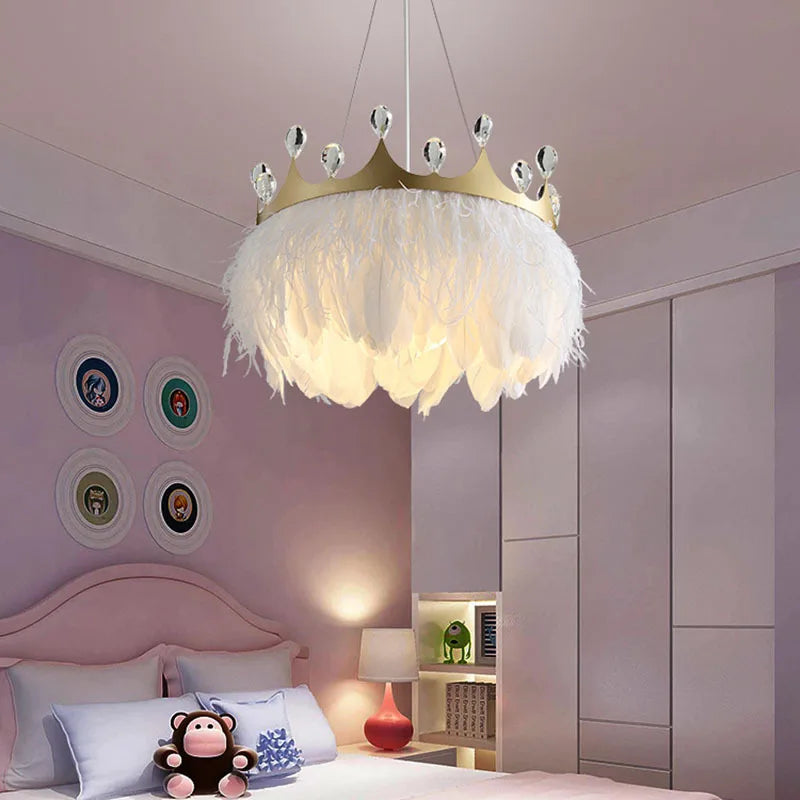 Axyaa White Feather Pendant Light with Gold Crown & Crystal Decor for Girl's Room, E27 Socket