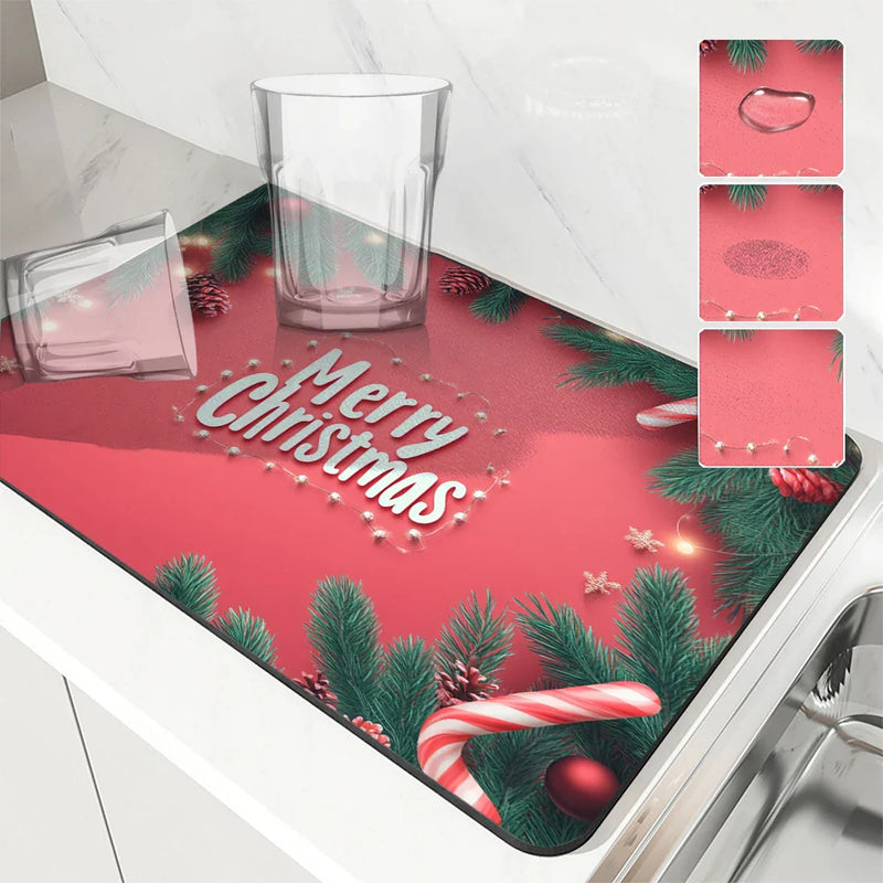 Axyaa Christmas Fir Diatoms Kitchen Counter Drain Mat