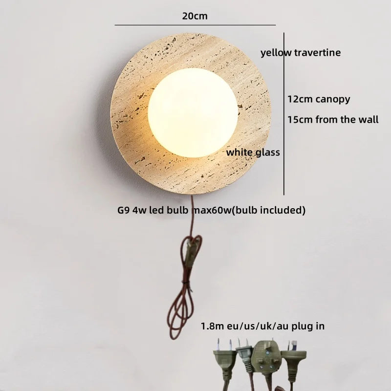Axyaa Wabi Sabi LED Wall Light Yellow Travertine Stone Glass Ball Wandlamp