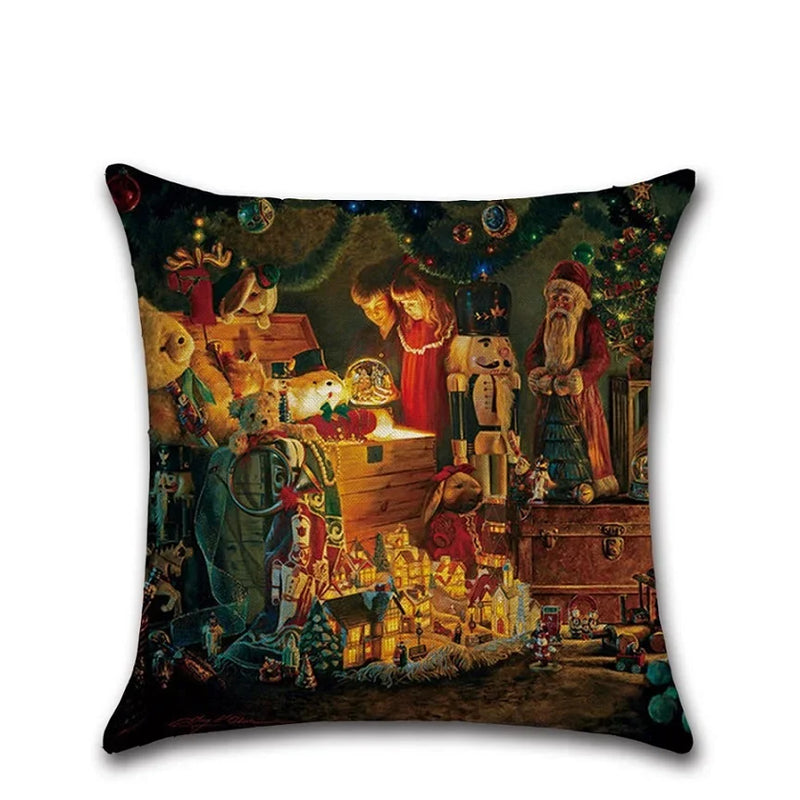 Axyaa Santa Claus Print Linen Pillow Cover - 45X45cm