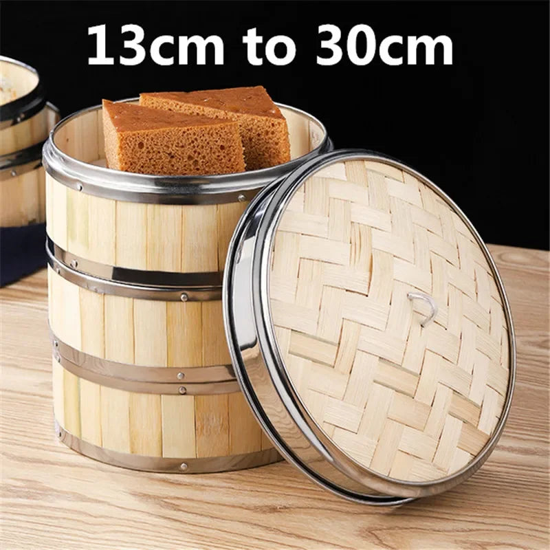 Axya Bamboo Steamer Basket with Stainless Steel Banding - Bun Dumplings DimSum Cage