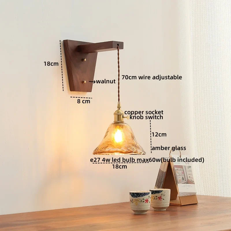 Axyaa Nordic Glass Walnut LED Wall Lights with Pull Chain Switch for Bedroom