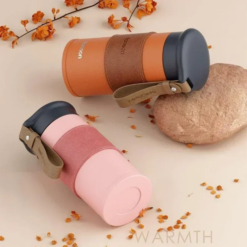Axyaa Stainless Steel Leather Travel Coffee Cup Vacuum Flask