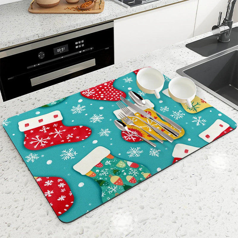 Christmas Gloves Snowflake Drying Mat by Axyaa: Non-Slip Absorbent Table Mat