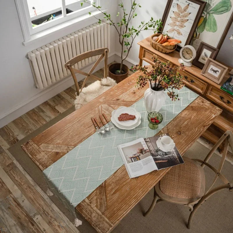 Geometric Jacquard Table Runner with Tassel Trim by Axya