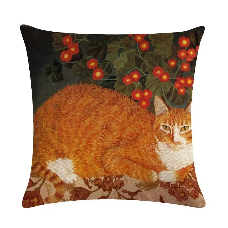 Axyaa Retro Cat Linen Pillowcase 45*45cm - Home & Sofa Decoration
