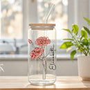 Axyaa Floral Retro Custom Engraved Glass Cup with Lid & Straw