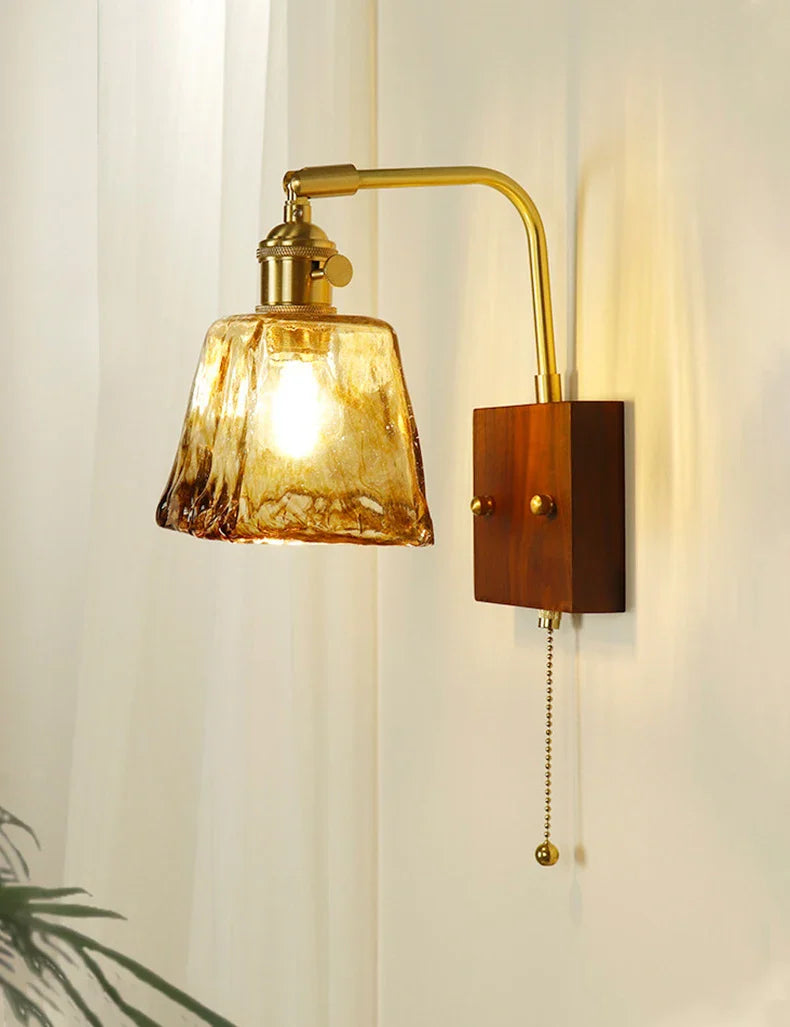 Axyaa Retro Wooden Brass Glass Wall Lamp with Pull Switch