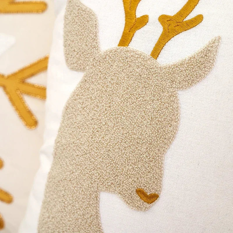 Tufted Embroidered Christmas Cushion Cover, Beige & Gold Milu Deer Design, Axyaa Brand