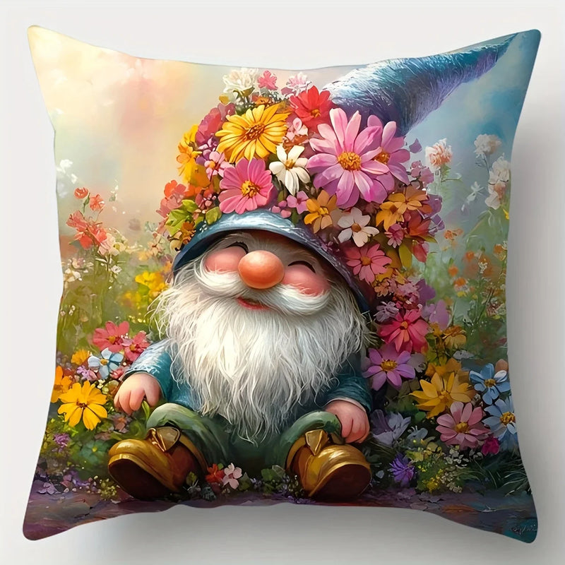 Axyaa Whimsical Gnome & Floral Pillow Covers, 45x45cm, Vibrant Garden Scene, Polyester