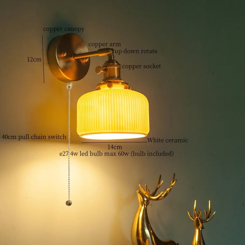 Axyaa Nordic LED Wall Lamps, Modern Copper Arm Ceramic Light for Living Room, Bedroom