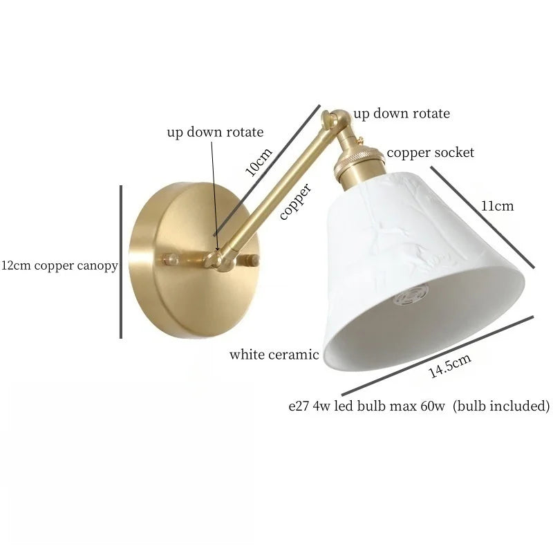Axyaa White Ceramic LED Wall Sconce Lamp, Nordic Copper Minimalism for Living Room, Bedroom