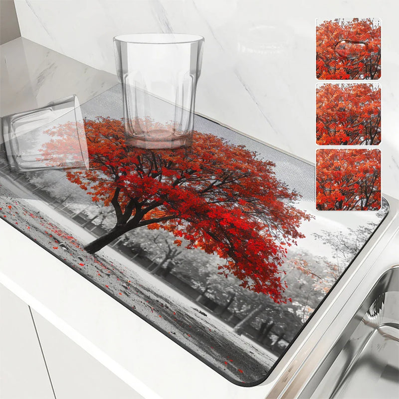 Maple Park Meadow Drying Mat by Axyaa: Non-Slip Absorbent Tableware Mat