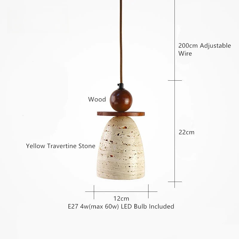 Axyaa Yellow Travertine Wood Pendant Light, LED Hanging Lamp for Dinging Living Room