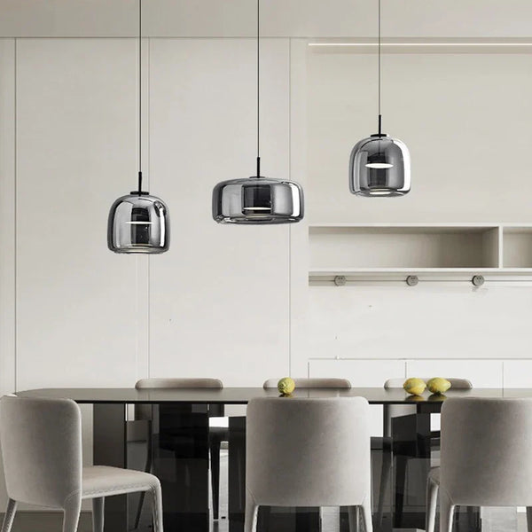 Axyaa Modern Smoky Grey Glass Chandelier - LED Pendant Light for Kitchen Island, Bar, Bedroom
