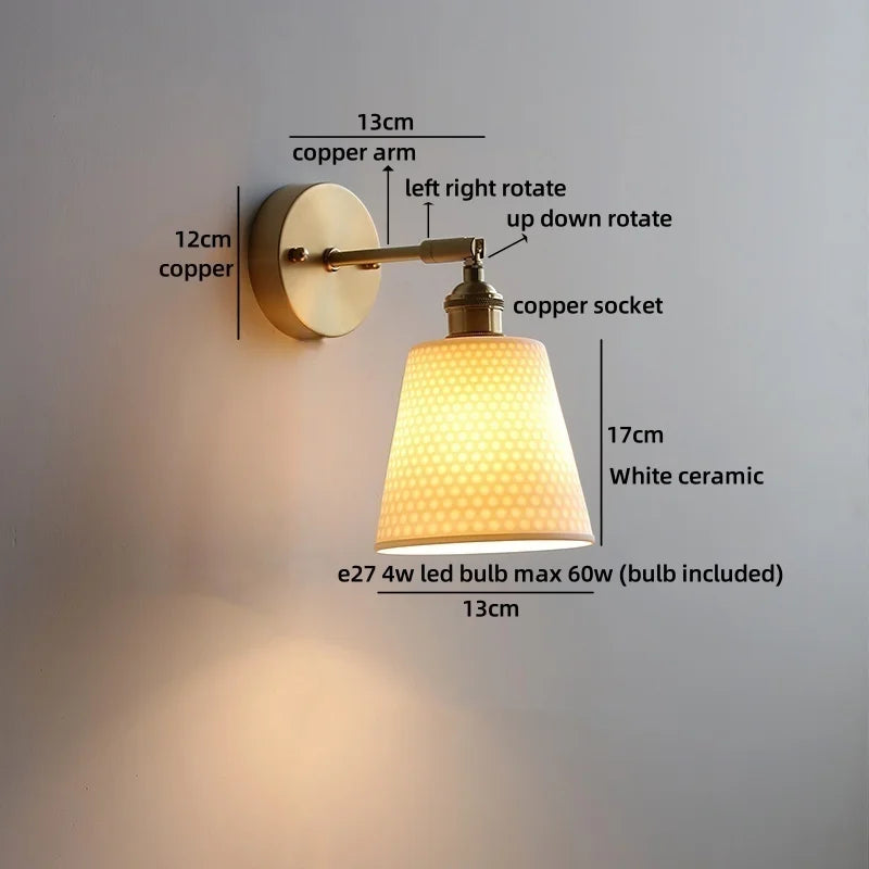 Axyaa Ceramic LED Wall Lamp: Japan Style Gold Brass Arm, Up Down Rotate
