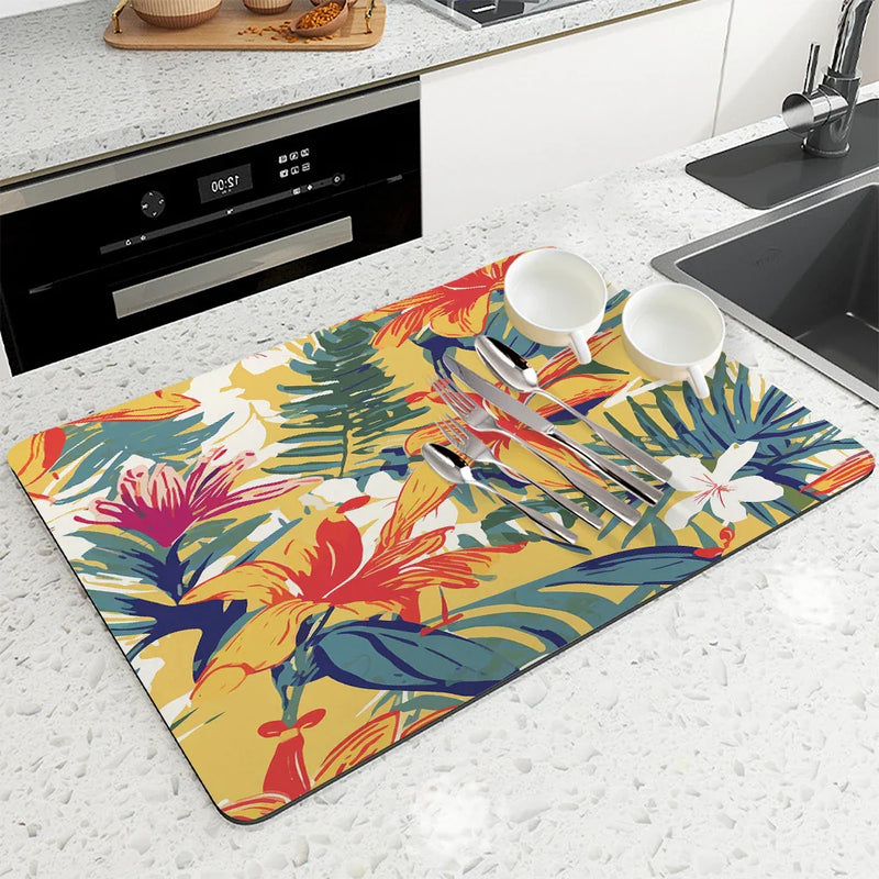 Axyaa Kitchen Drying Mat Plants Flowers Absorbent Dish Placemat