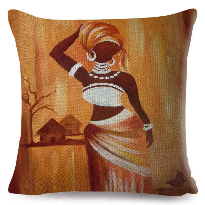 Axyaa Abstract African Woman Decorative Cotton Linen Cushion Cover