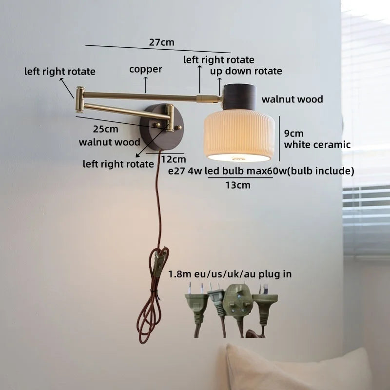 Axyaa Ceramic LED Wall Lamp, Swing Arm Rotate White Interior Light