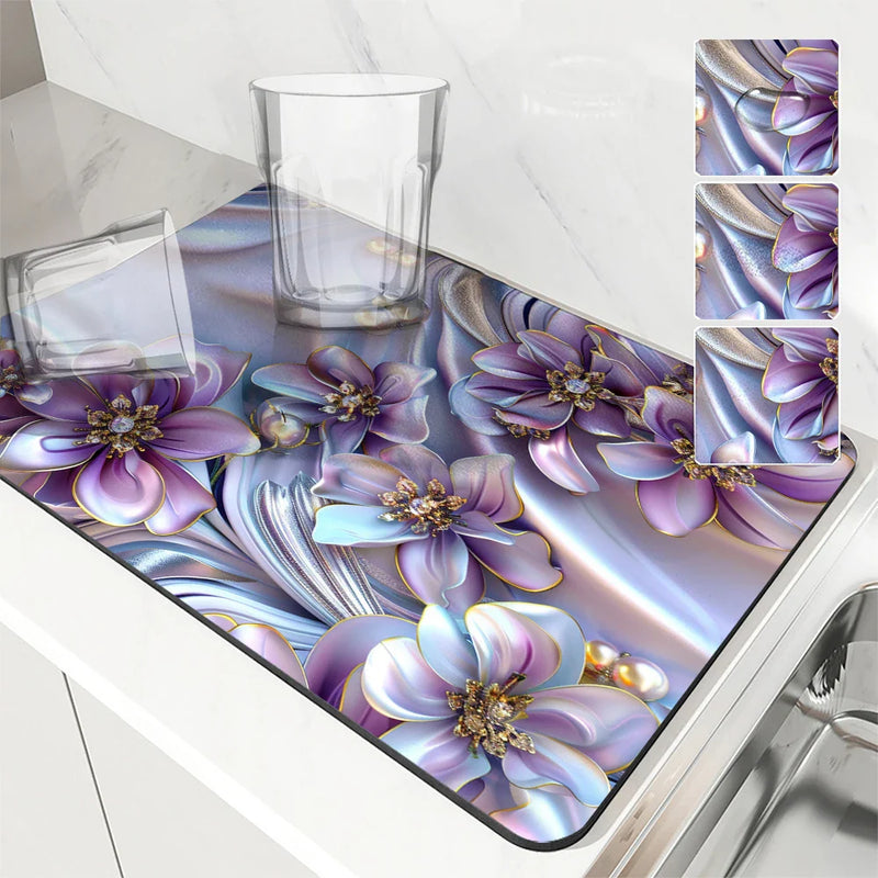 Axyaa Flower Kitchen Absorbent Mat - Quick Dry Dish Drying & Bathroom Drain Pad