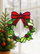 Axyaa Holly Wreath Ornament: Green Acrylic with Red Bow, Christmas Tree & Window Decor