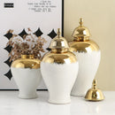 White Gold-Plated Ceramic Jar, Light Luxury Vase Home Decor by Axyaa
