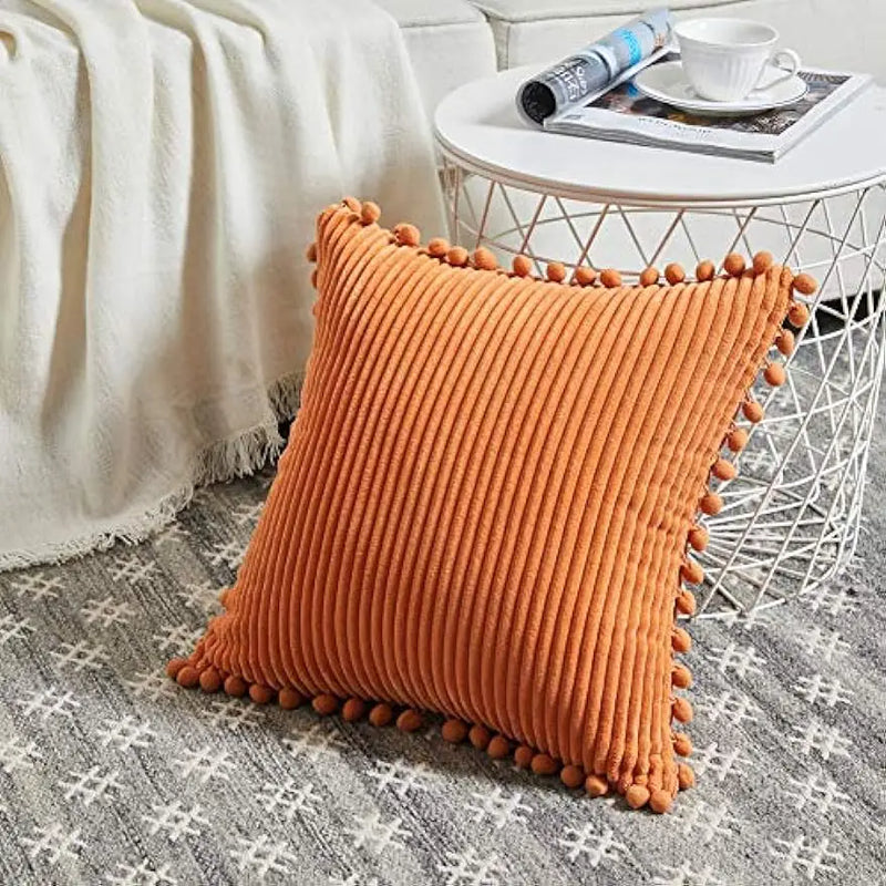 Axyaa Velvet Pillow Covers with Pom-poms - Orange Fall Decor for Sofa