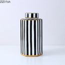 Axyaa Geometric Striped Ceramic Jar with Cover - Home Decor Craft Storage