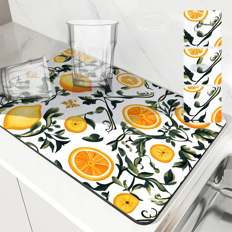 Axyaa Plant Leaf Lemon Kitchen Drying Mat - Quick Dry Absorbent Draining Pad