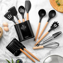 Axyaa Silicone Kitchen Utensils Set with Storage Bucket - Non-Stick, Wood Handle