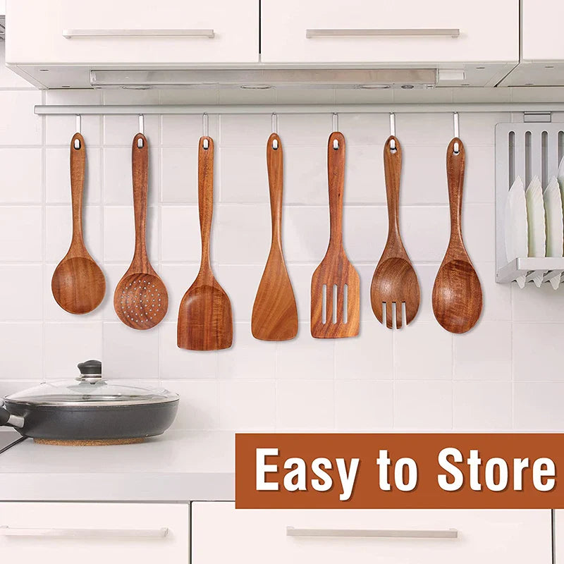 Axya Teak Wooden Cooking Utensil Set with Hanging Hooks