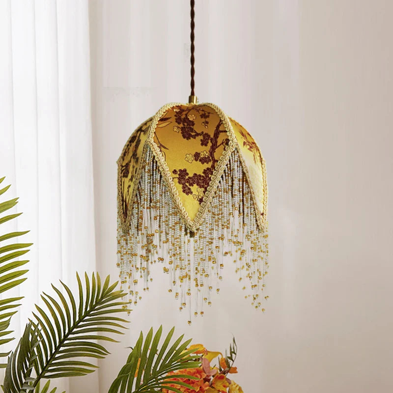 Modern Green Yellow Cloth Gold Iron Hanging Lamp by Axyaa