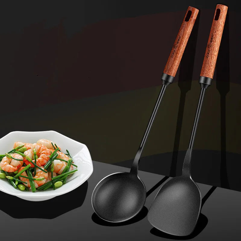 Axyaa 304 Stainless Steel Utensils Set with Wooden Handle - Black Color