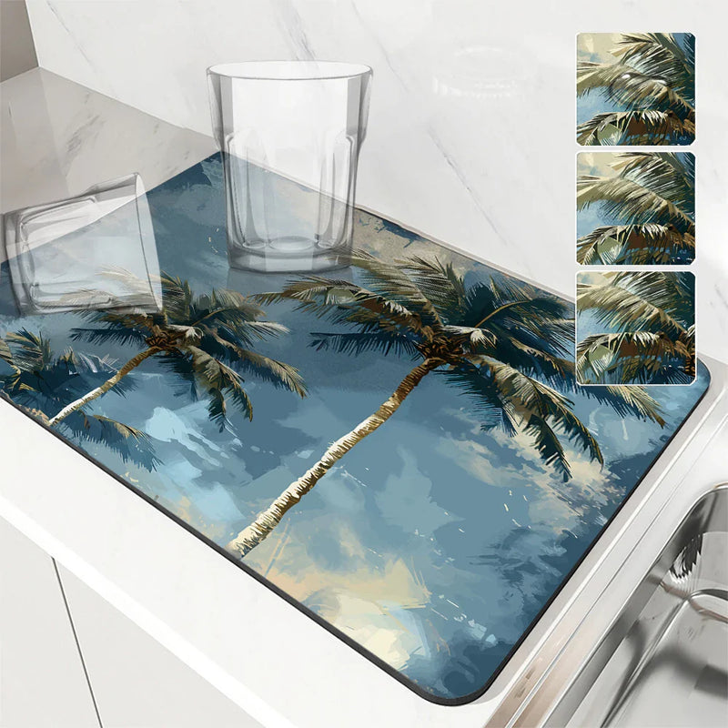 Tropical Plants Drying Mat by Axyaa: Non-Slip Absorbent Tableware Mat