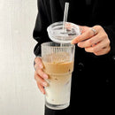 Axyaa Striped Glass Cup with Lid and Straw - 600ml Drinkware