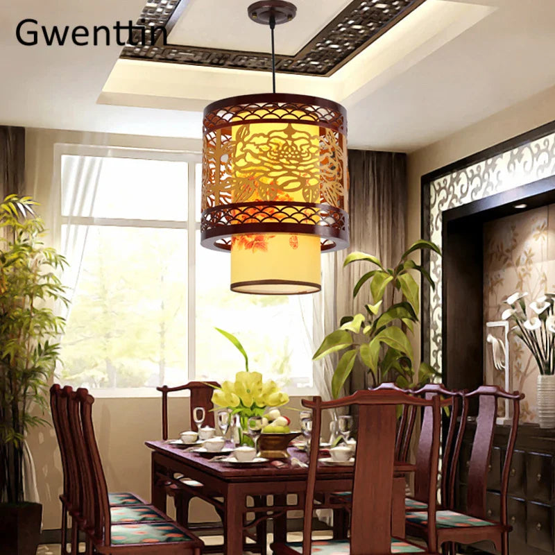 Axyaa Antique Wood Pendant Lights: Chinese Style LED Dining Room Hanging Lamp Luminaire